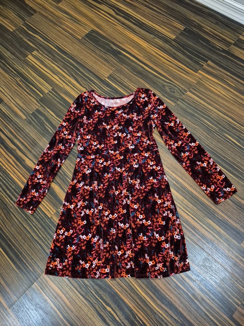 SO Girls Burgendy Floral Velvet Long Sleeve Dress with Red Orange Flowers